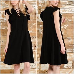 Bellino Black Lace-Up Ruffle Cap-Sleeve Dress